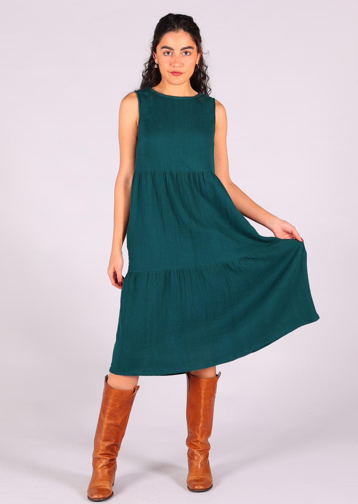 Sleeveless double cotton dress with 3 tiers in dark teal