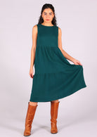 Sleeveless double cotton dress with 3 tiers in dark teal