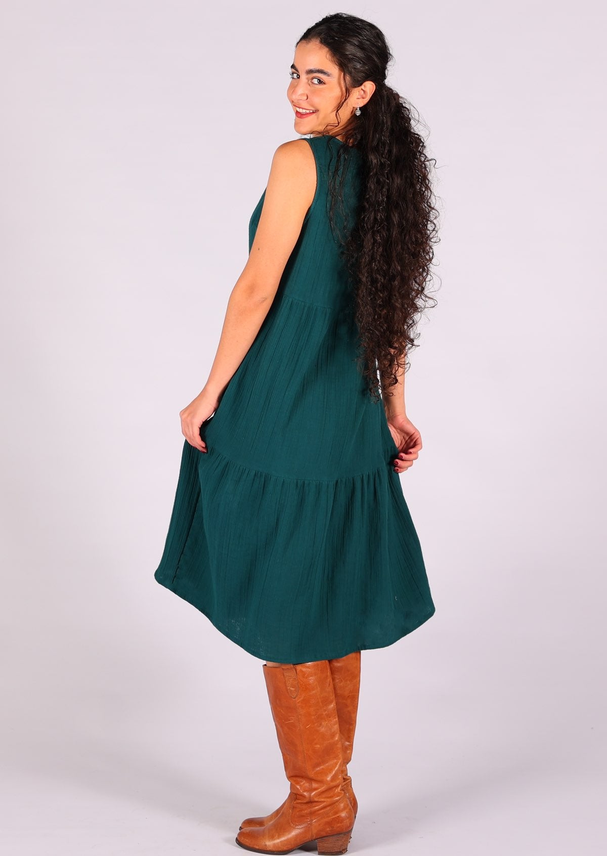 Sleeveless tiered double cotton dress in gorgeous deep teal colour sits over the knee
