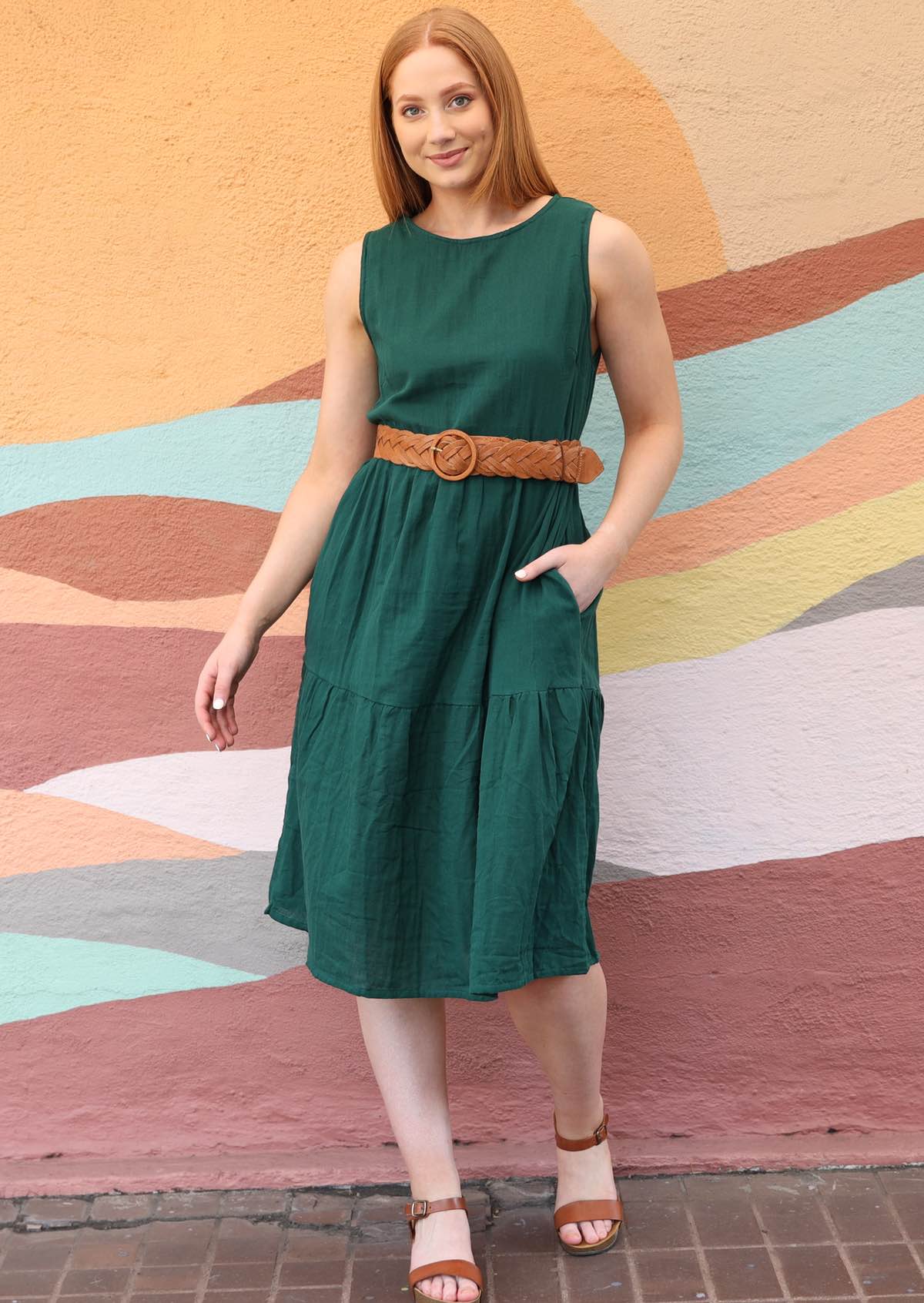 Green dress with belt best sale