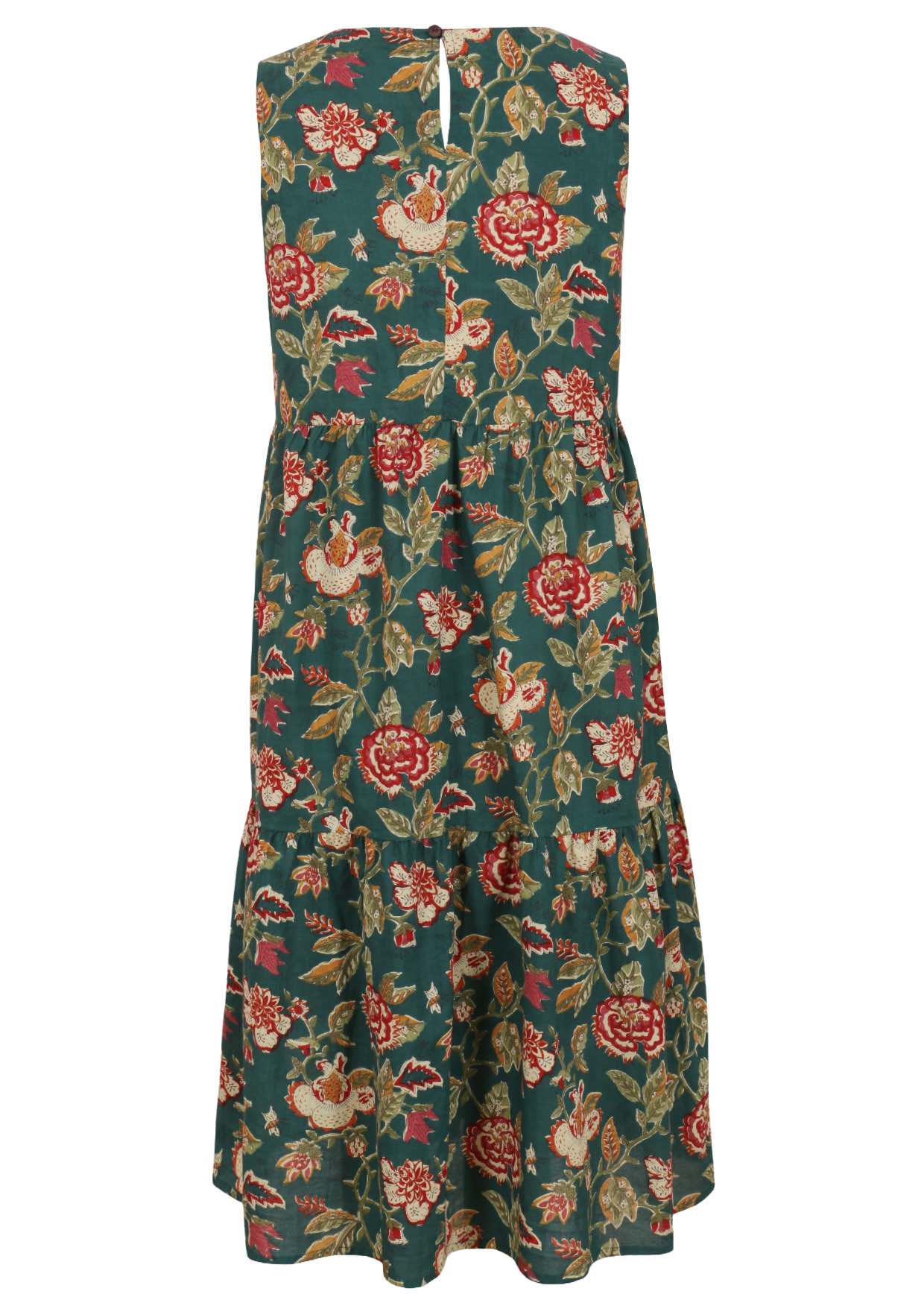 Back mannequin photo of cotton sleeveless three tiered dress in floral print on a bottle green base with keyhole back closure at the nape of neck