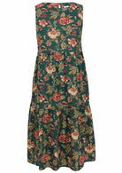 Front mannequin photo of cotton sleeveless three tiered dress in floral print on a bottle green base