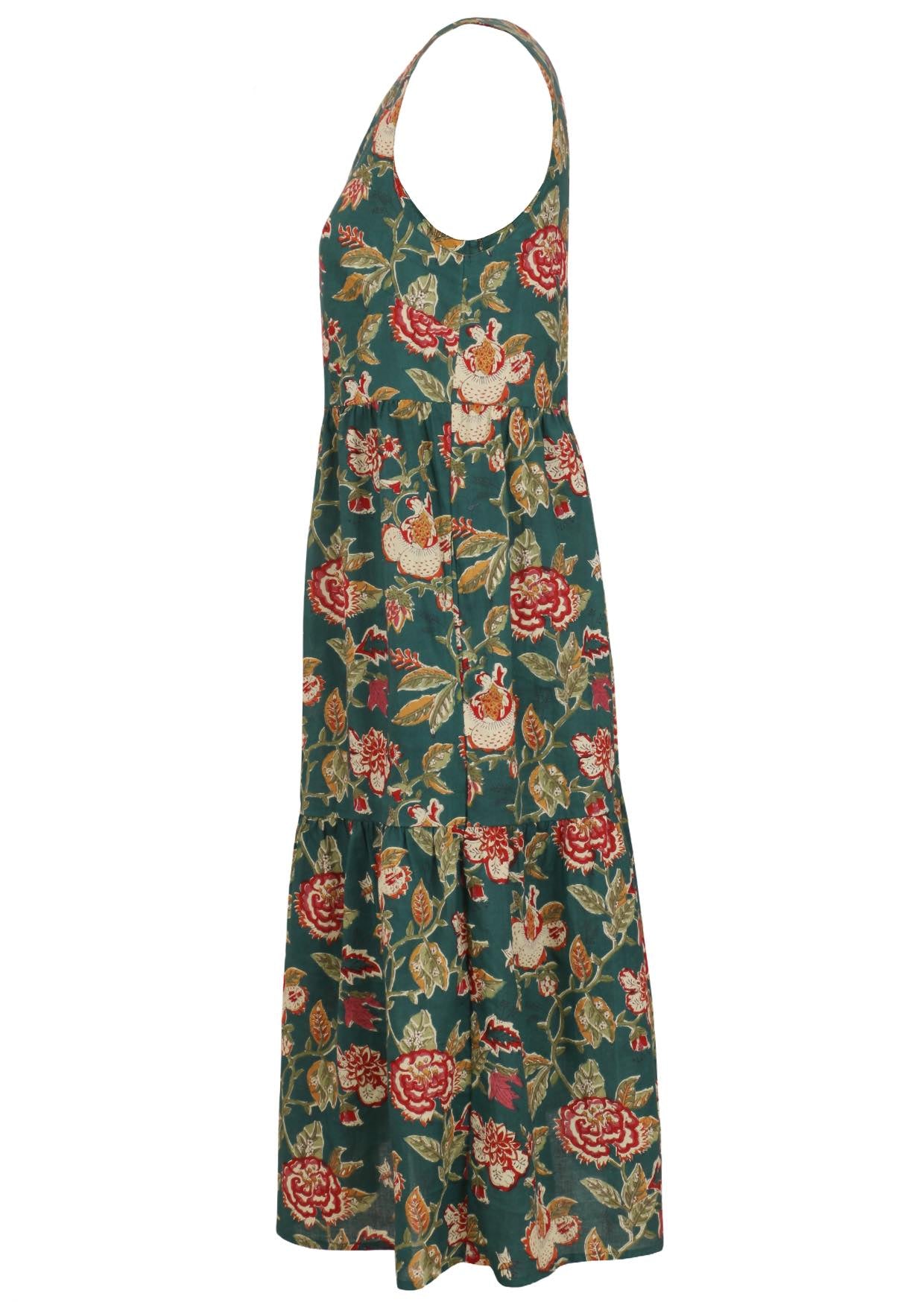 Side mannequin photo of cotton sleeveless three tiered dress in floral print on a bottle green base with hidden side pockets