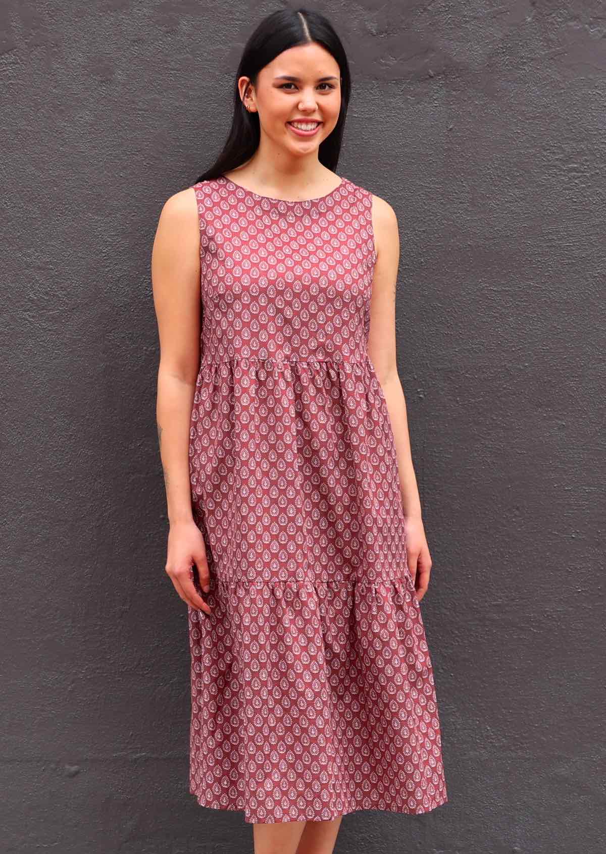 Woman with dark hair in Indian Cotton Sundress