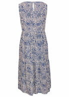 white based blue floral print cotton dress with keyhole back closure.