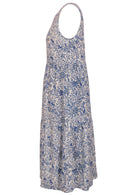 white based blue floral print cotton dress on a white background.
