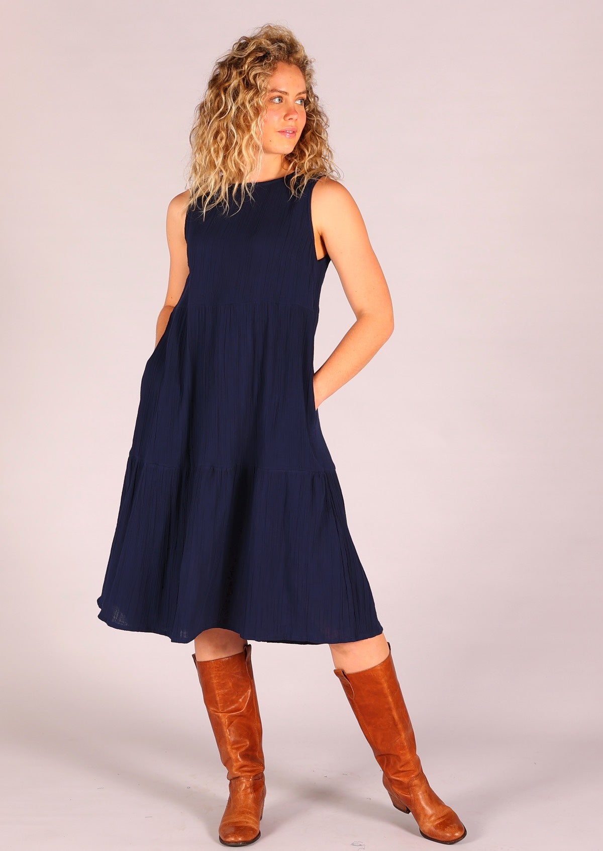 Over the knee double cotton sleeveless dark blue dress with pockets