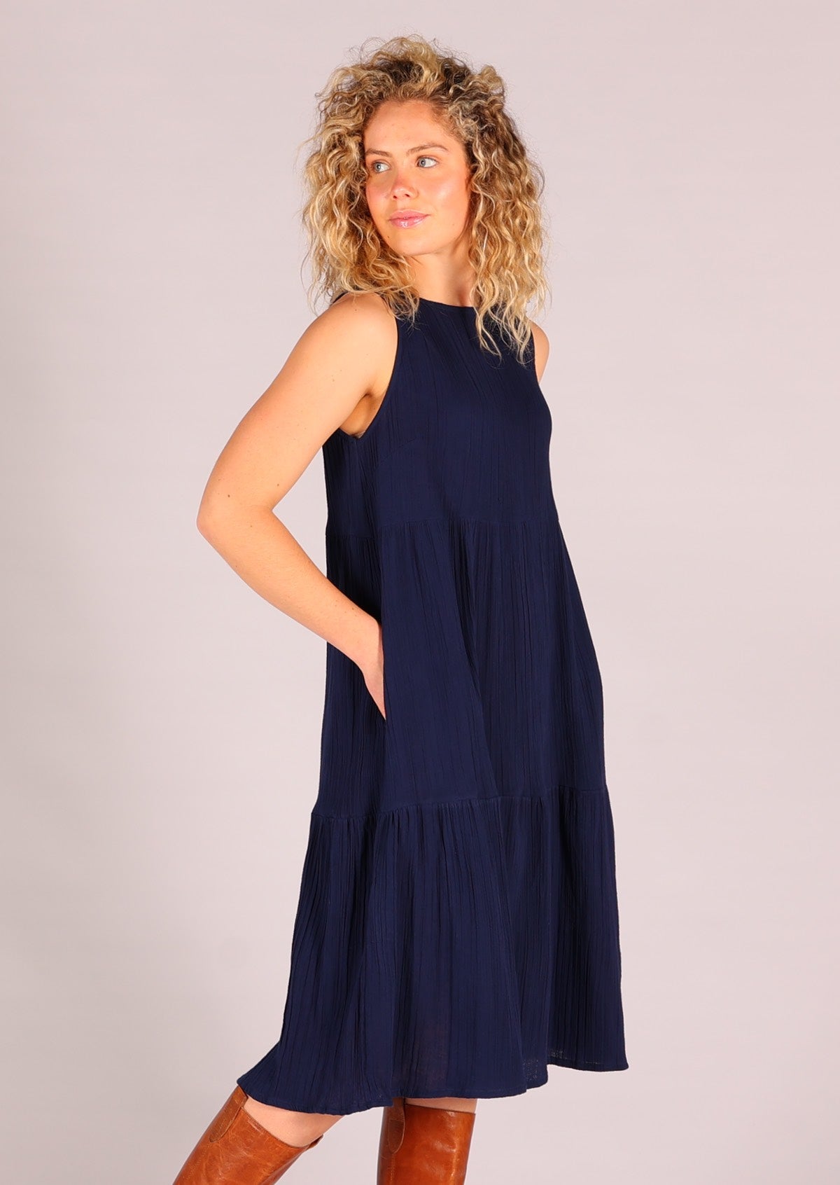 Sleeveless double cotton dress with high neckline and three tiers