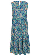 Back mannequin photo of cotton sleeveless three tiered dress in floral print on a royal blue base with keyhole back closure at the nape of neck