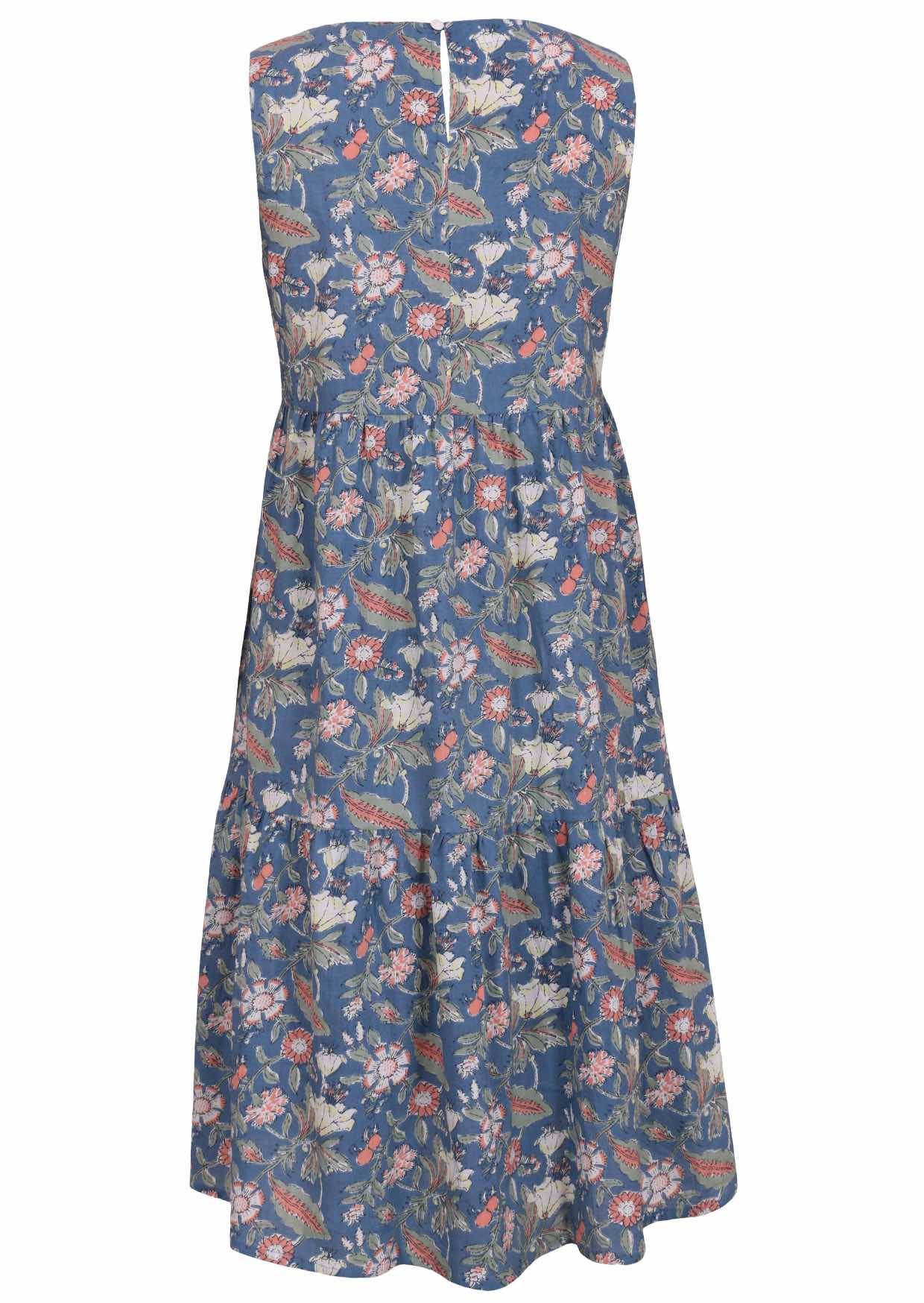 Back view of sleeveless cotton sundress with two tiered skirt, pockets and button back closure at nape of the neck