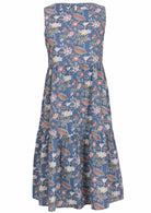 100% cotton midi length sleeveless dress with high round neckline, two tiered skirt and pockets in dusty blue based floral print