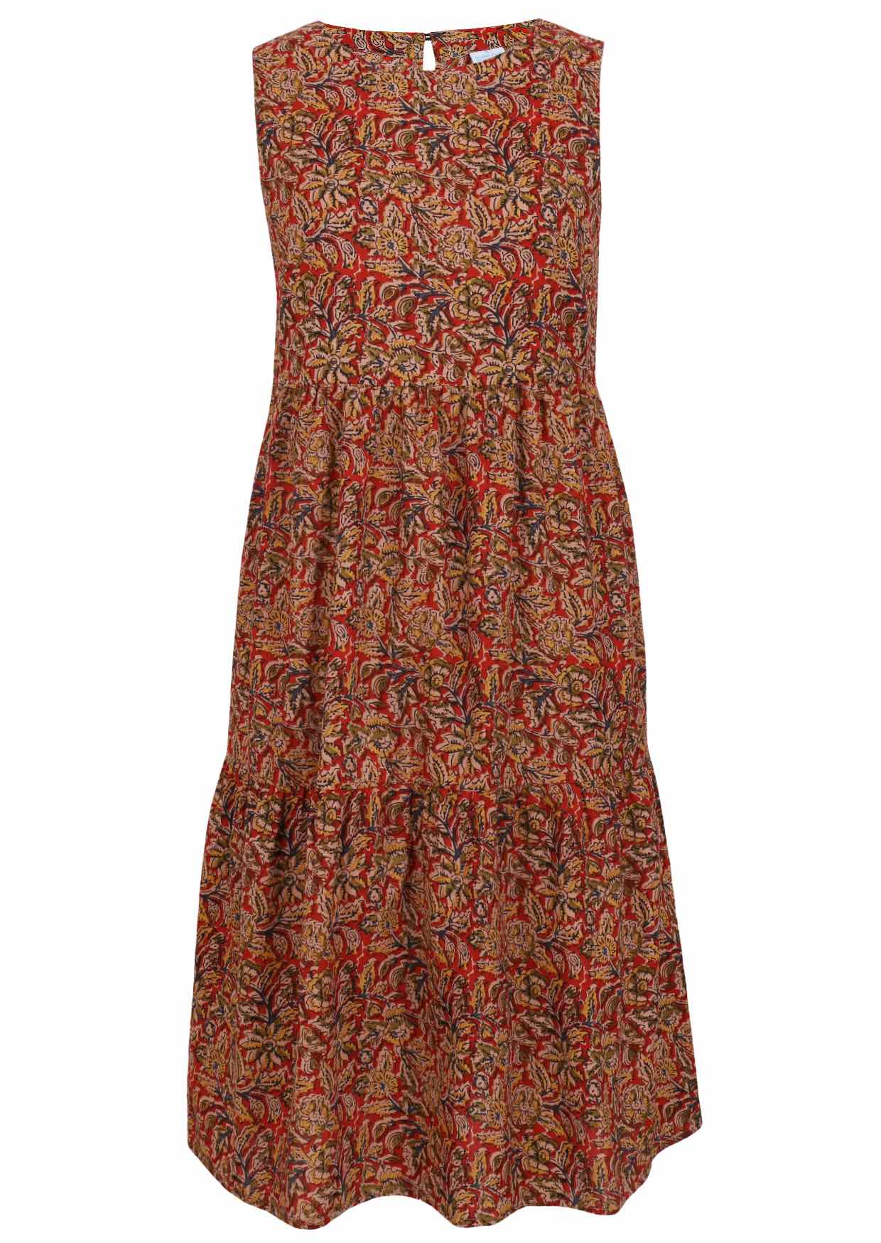 Sleeveless cotton sun dress with a floral pattern on a white background