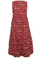 Front mannequin photo of cotton sleeveless three tiered midi length dress in floral print on a cranberry base