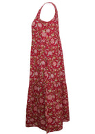 Side mannequin photo of cotton sleeveless three tiered midi length dress in floral print on a cranberry base