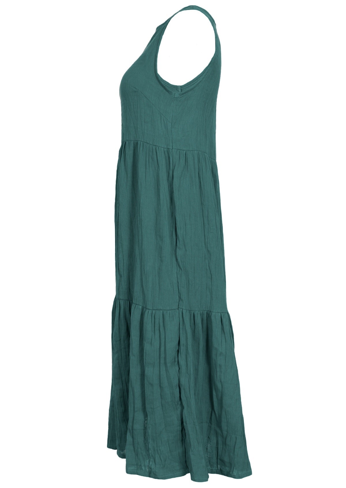 Sleeveless double cotton dress with three tiers and hidden side pockets