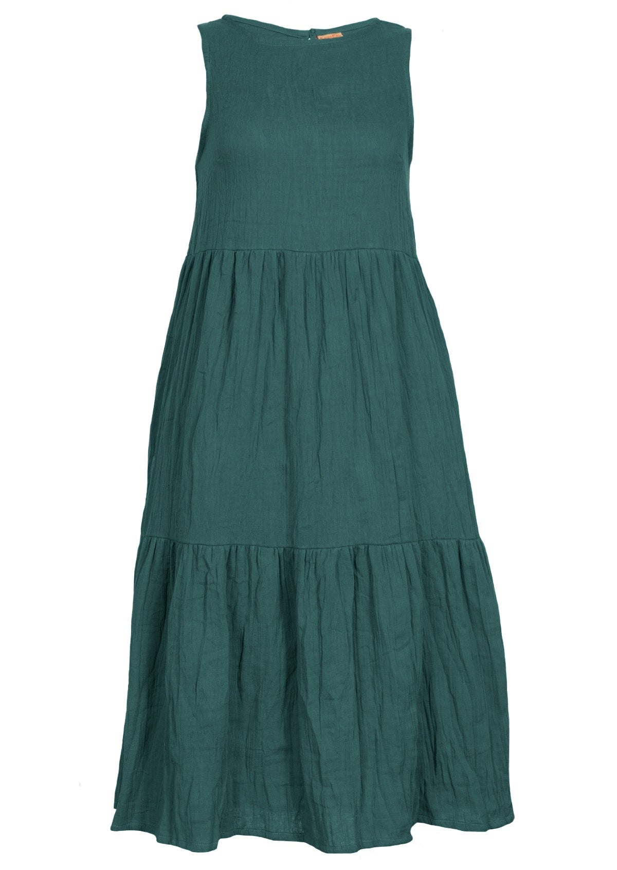 Double cotton sleeveless dress with high neckline and hidden side pockets