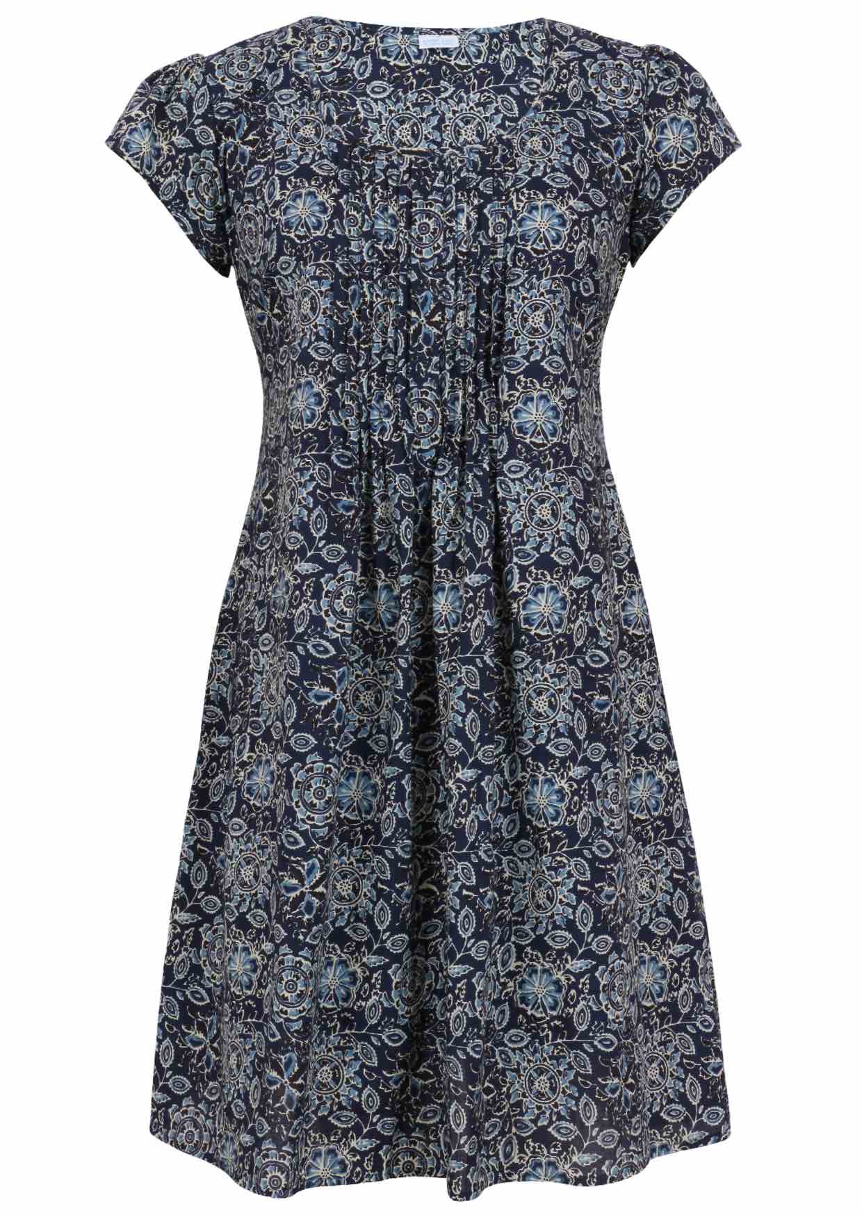 Front mannequin photo of cotton above knee dress in navy blue based floral print.