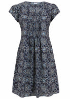 Front mannequin photo of cotton above knee dress in navy blue based floral print.