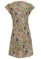 Green based multi-coloured folk art style florals print cotton dress with cap sleeves.