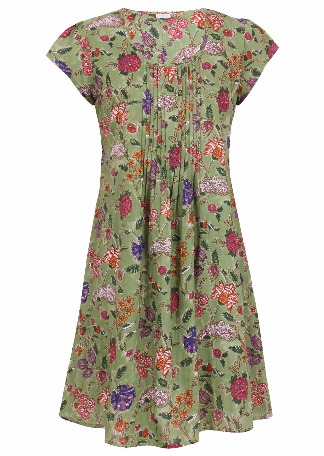 Green based multi-coloured folk art style florals print cotton dress on a white background.