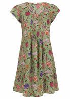 Green based multi-coloured folk art style florals print cotton dress on a white background.