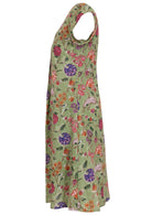 Green based multi-coloured folk art style florals print, above the knee cotton dress.