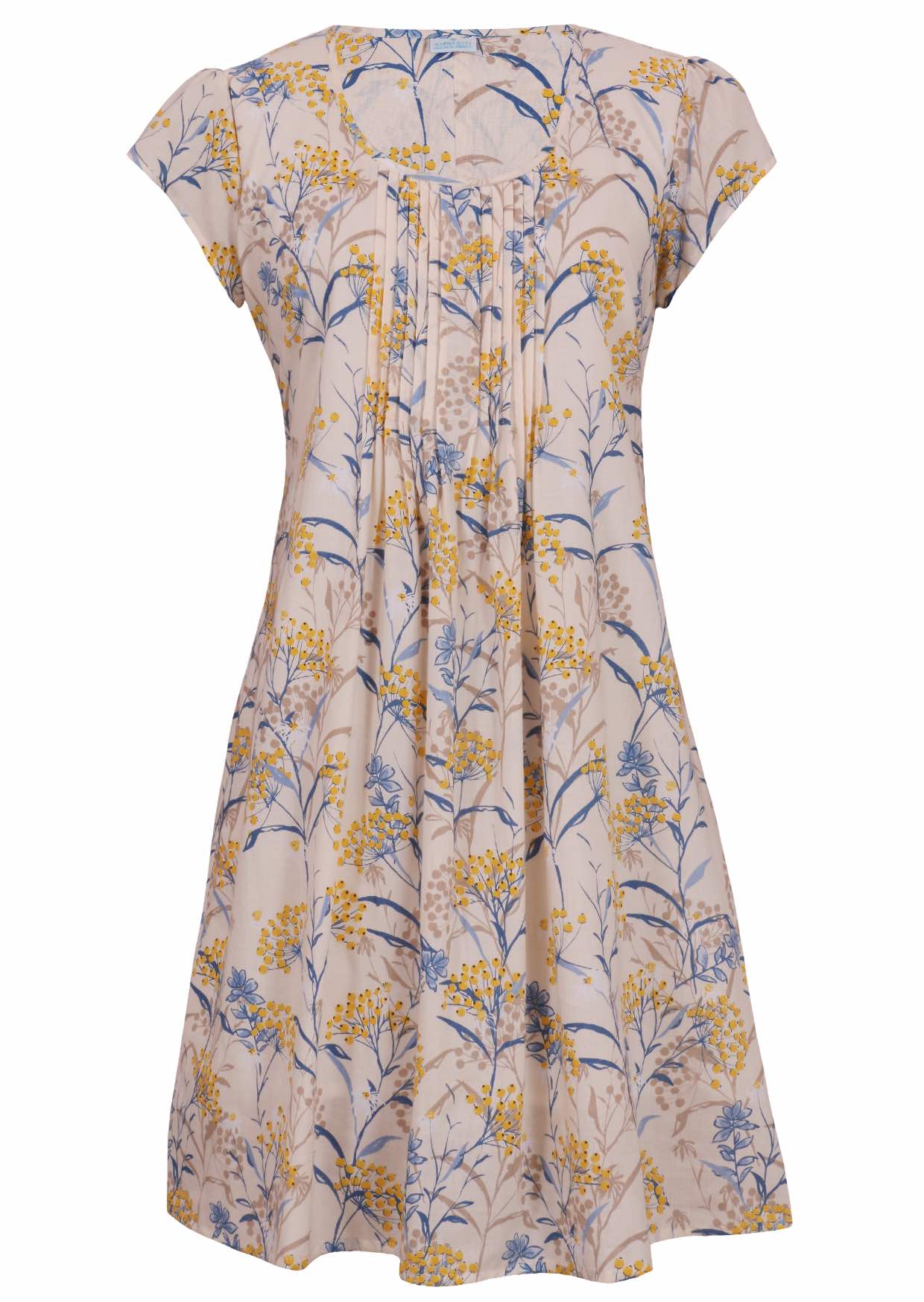 Front mannequin photo of cotton above knee dress in neutral based floral print.