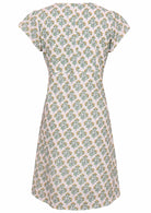 Back mannequin photo of cotton above knee dress with yellow and green floral print on a white base