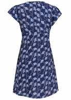 Back mannequin photo of cotton above knee dress in navy blue based floral print. 