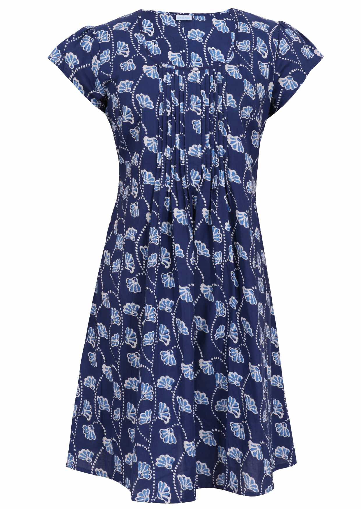 Front mannequin photo of cotton above knee dress in navy blue based floral print.