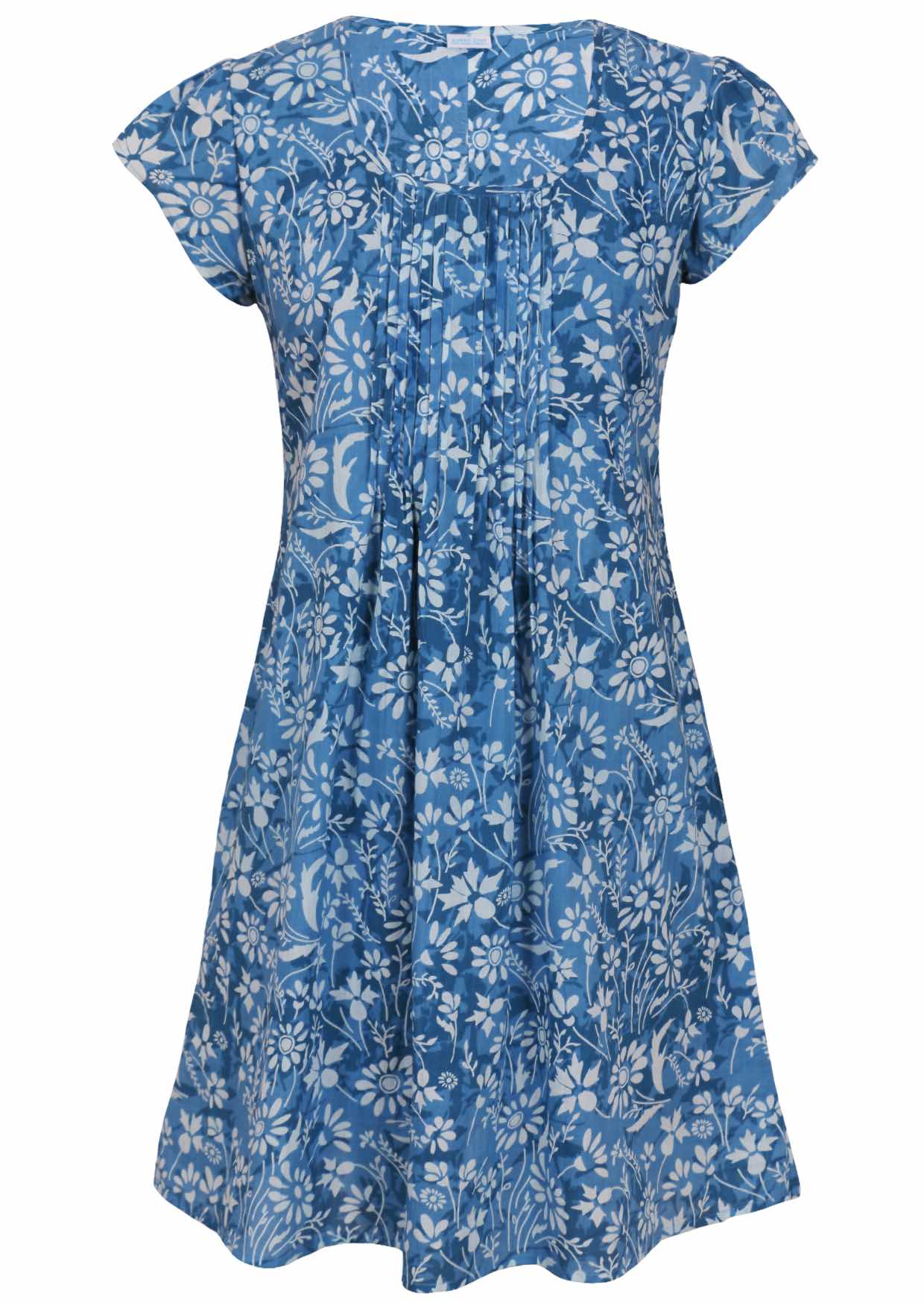 Blue cotton floral print dress with pin tucks across the centre of the bodice and cap sleeves