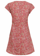 Back mannequin photo of cotton above knee dress in rose pink based vintage floral print. 