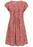 Front mannequin photo of cotton above knee dress in rose pink based vintage style floral print.