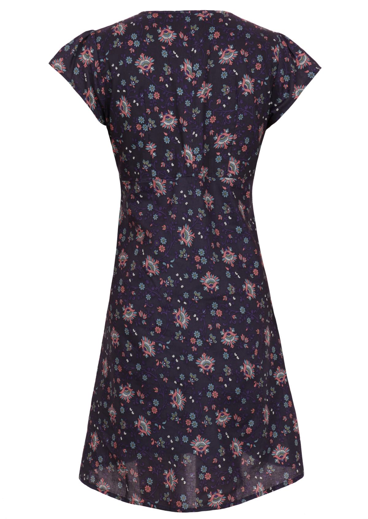 Women's 100 percent cotton short sleeve pleated sundress in deep purple Indian floral back view