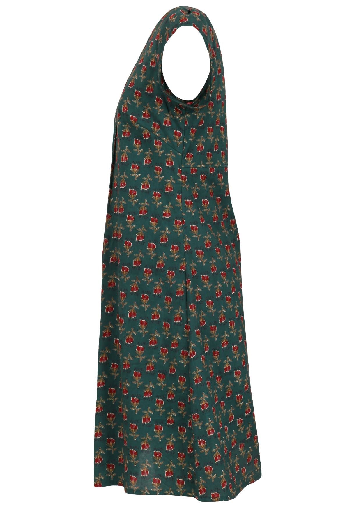 Side mannequin photo of cotton above knee dress with cap sleeves. 