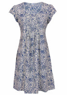 White based blue floral print cotton dress with cap sleeves.