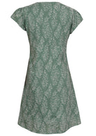 Back mannequin photo of cotton above knee dress in sage green based floral print. 