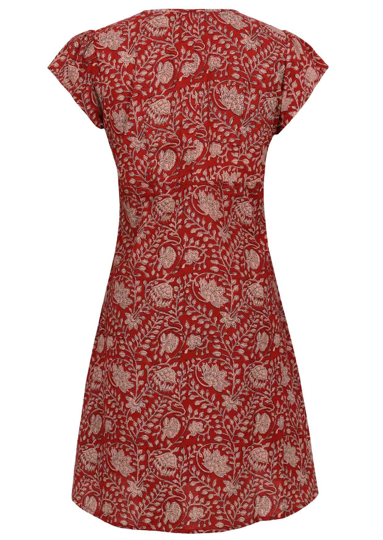 Back mannequin photo of cotton above knee dress in red based floral print. 