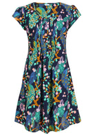 Front mannequin photo of cotton above knee dress in navy blue based floral print.