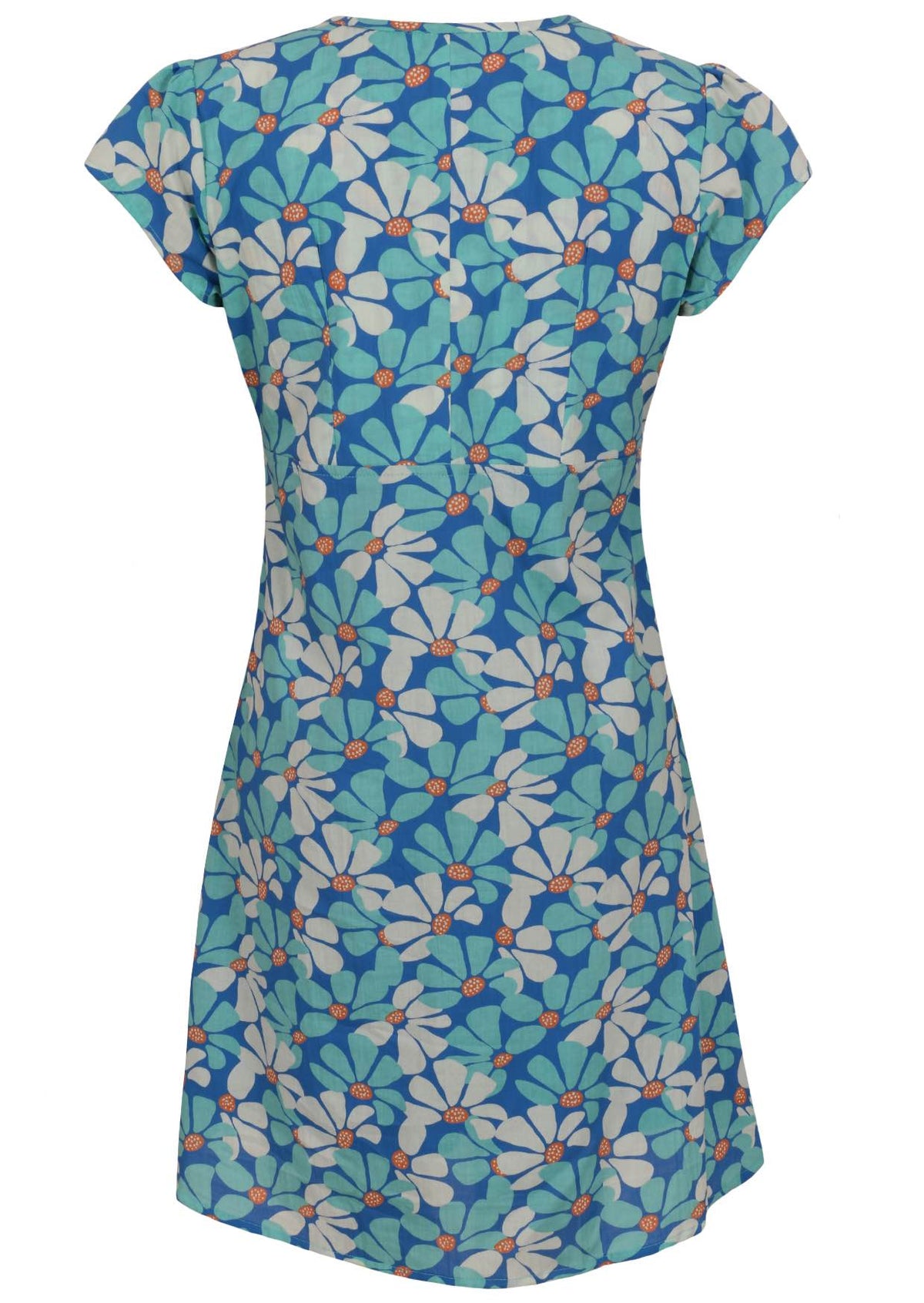 Back mannequin photo of cotton above knee dress in royal blue based floral print. 