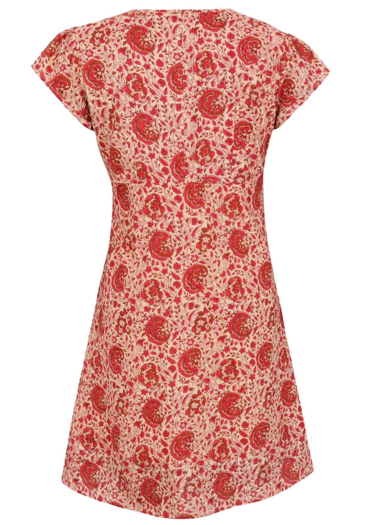 Back mannequin photo of cotton above knee dress in cream based warm floral print. 