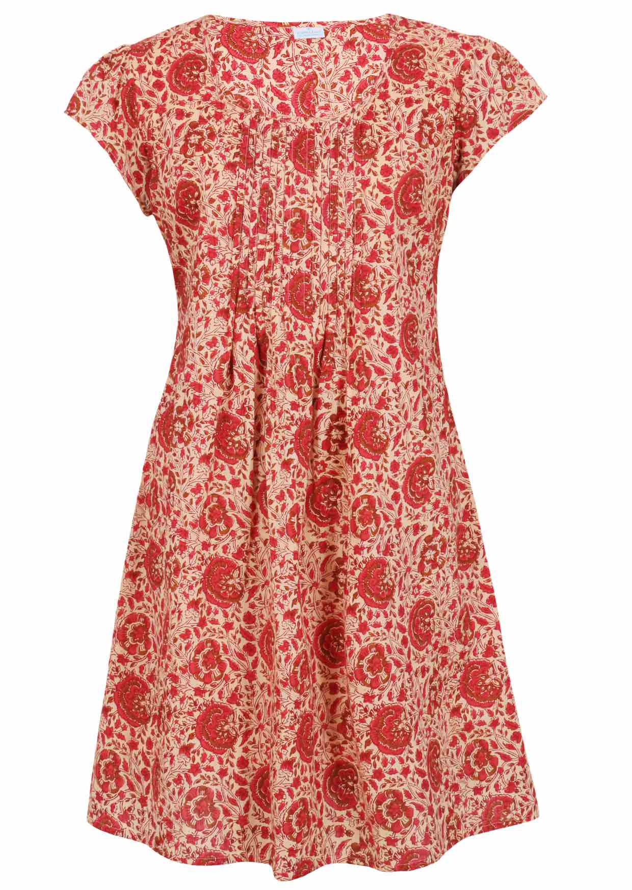 Front mannequin photo of cotton above knee dress in cream based warm floral print.