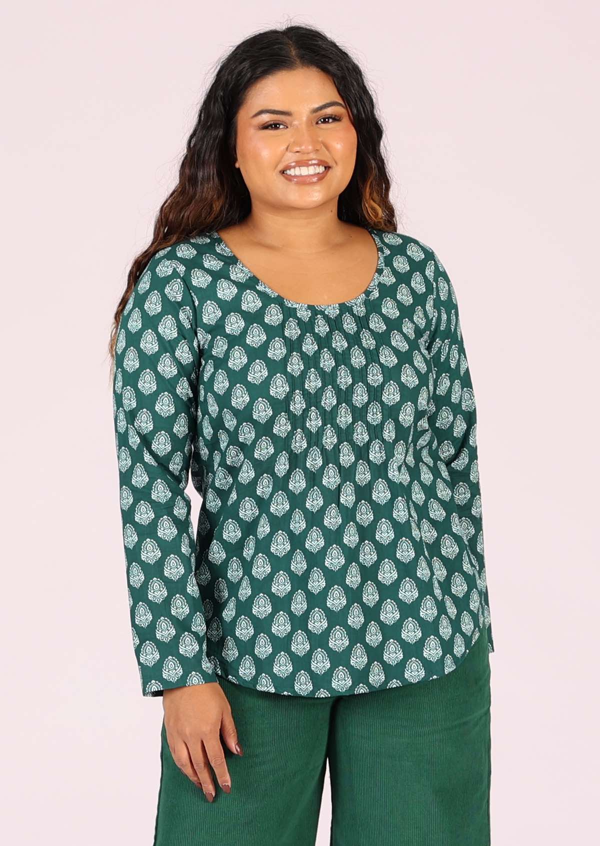 100% cotton long sleeve top with flattering round neckline and tiny pleat detail across bodice