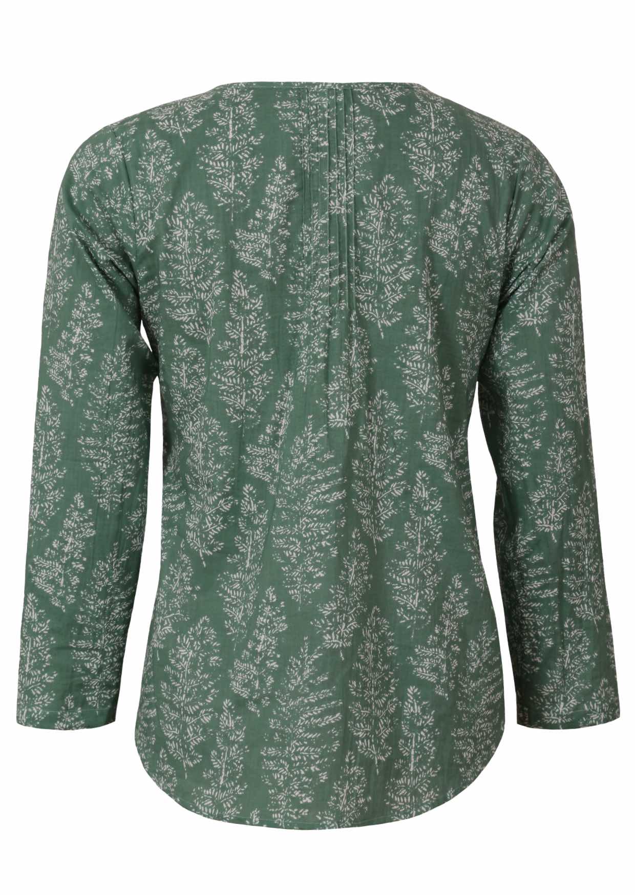 Back image of long sleeve cotton top with sage green based floral print.