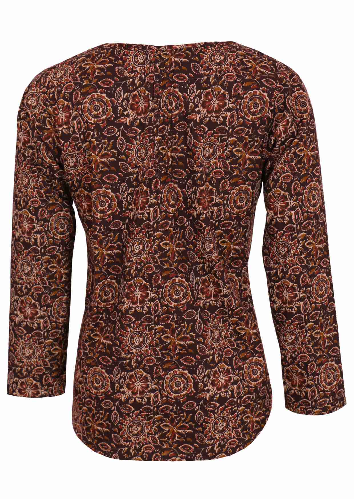 Back image of long sleeve cotton top with dark brown base base.