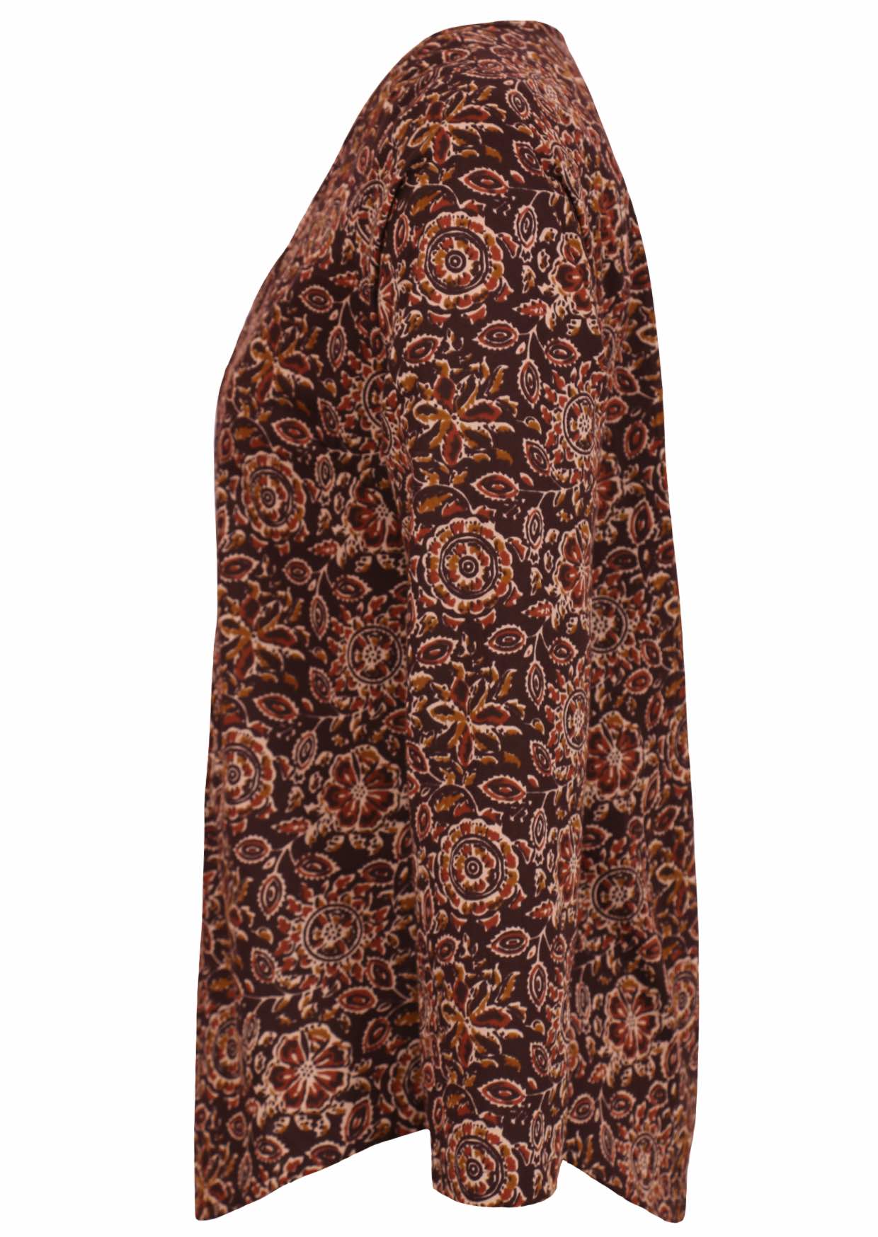 Side image of long sleeve cotton top with dark brown base base.