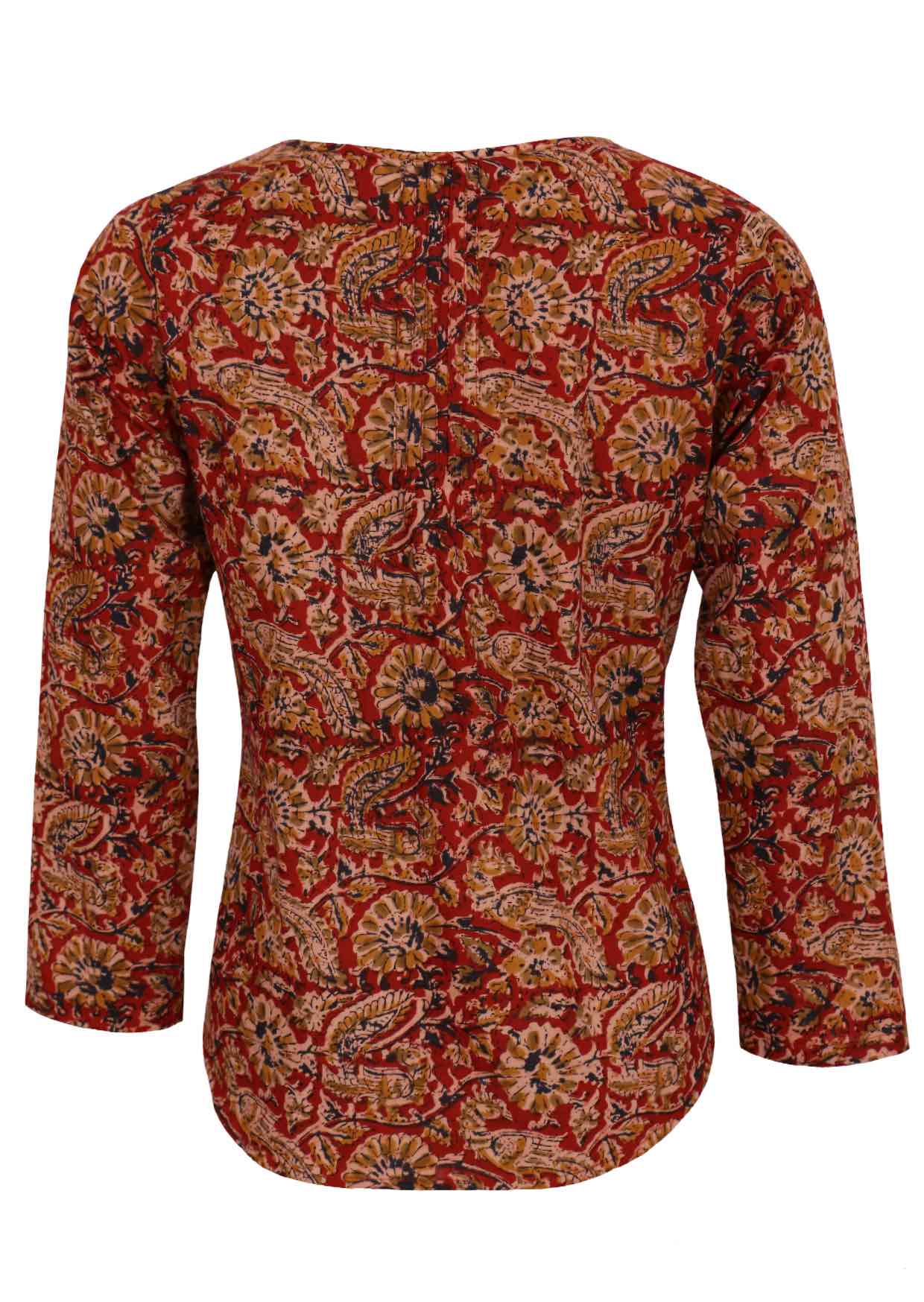 Long sleeve cotton blouse in earthy red floral print 