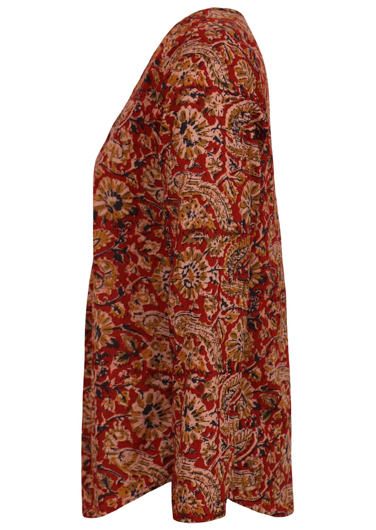 Long sleeve cotton womens top in earthy red Indian print 
