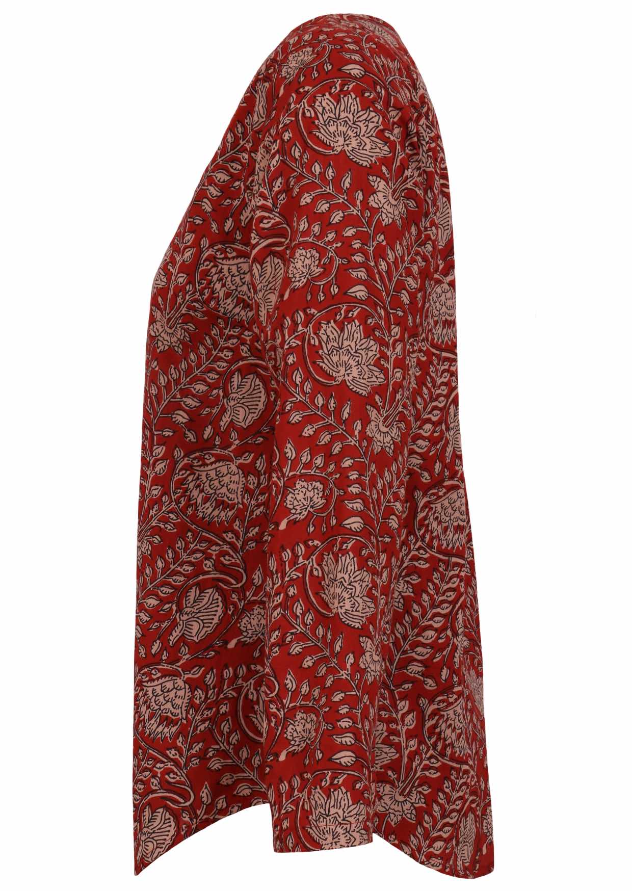 Side image of long sleeve cotton top with red based floral print.