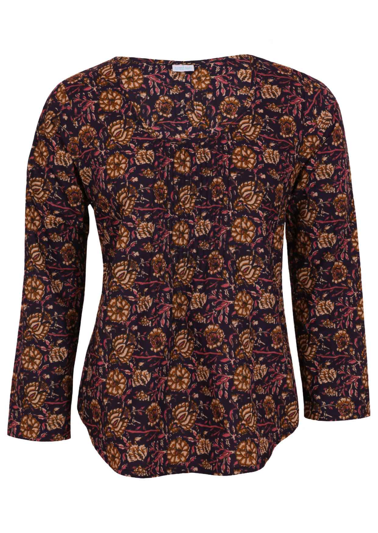 100% cotton long sleeve top with flattering round neckline and tiny pleats details across the bodice.